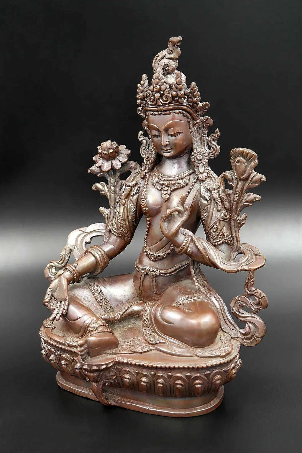 Copper Oxidized Hand carved Green Tara Statue 8" - Vajracrafts