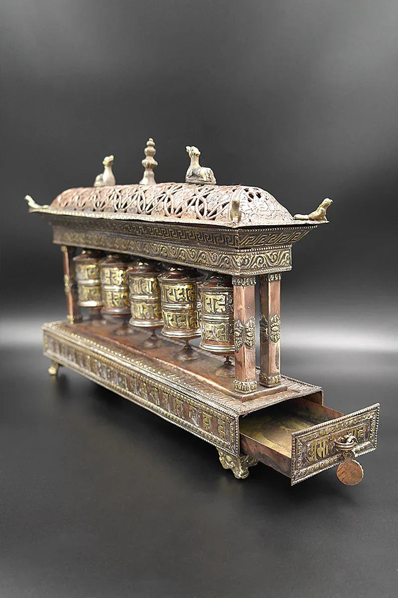 5 in 1 Copper Tibetan Prayer Wheel cum Incense Burner - Vajracrafts