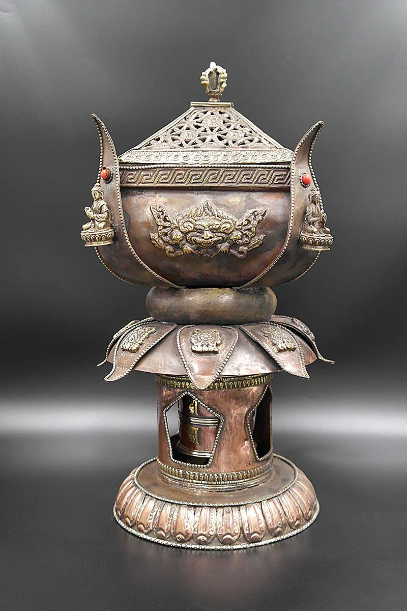 Lotus design with 8 Auspicious symbols copper incense burner - Vajracrafts