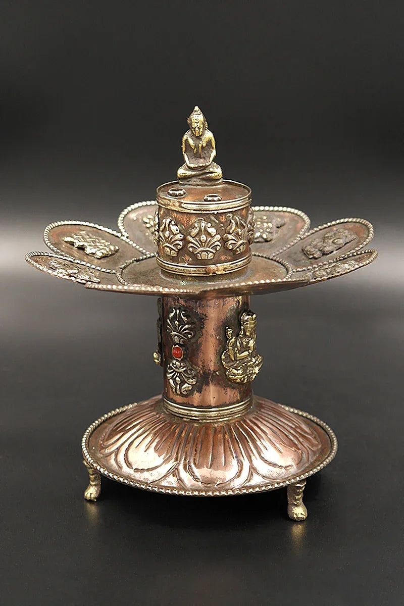 Copper Buddha Incense Burner with Eight Auspicious Symbols - Vajracrafts