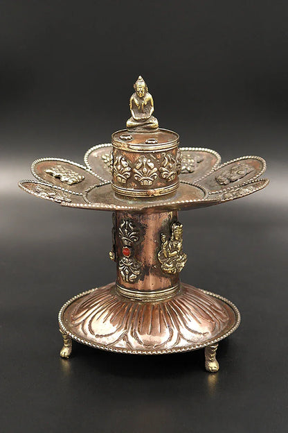 Copper Buddha Incense Burner with Eight Auspicious Symbols - Vajracrafts