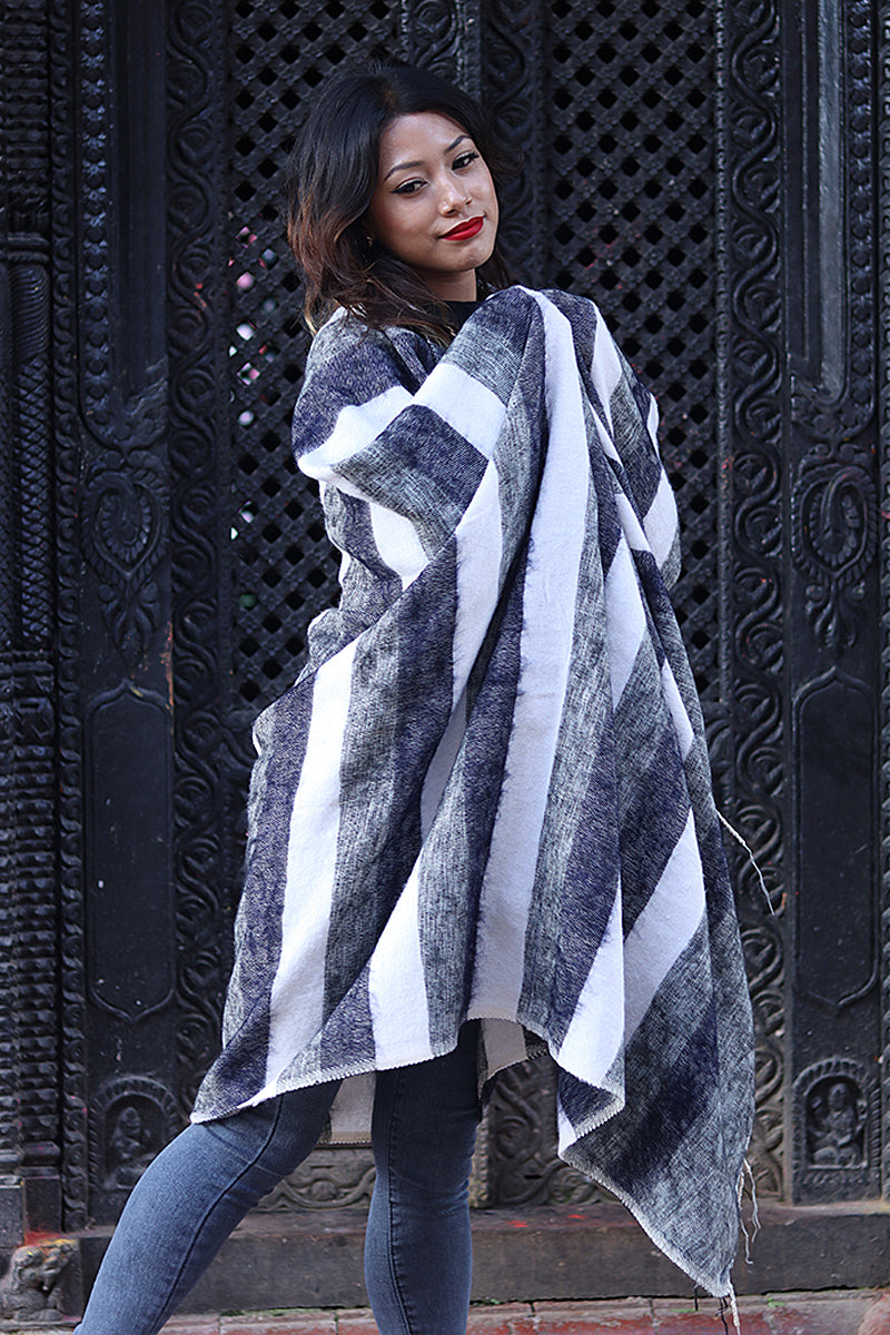 Bright Grey and White Yak Wool Shawl/Oversized Blanket