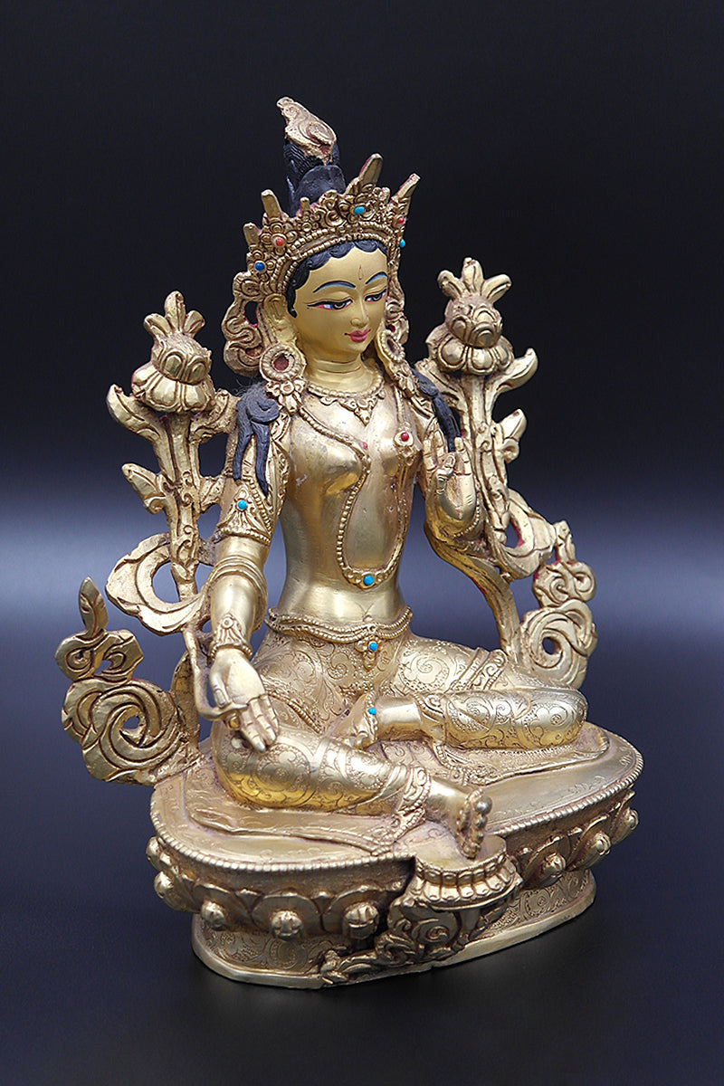 Electro Gold Plated Green Tara statue from Nepal 8"