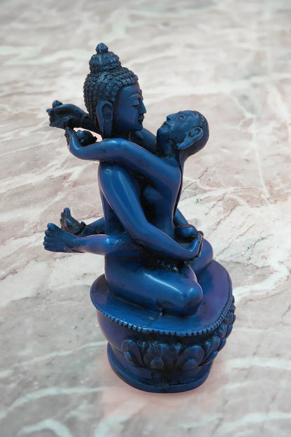 Lapis lazuli tone Buddha Shakti Yab Yum Resin Statue 5" - Vajracrafts
