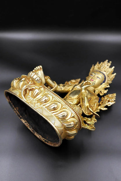 Elegant Hand carved Tibetan Green Tara Statue - Gold Plated Copper Alloy, 13" - Vajracrafts