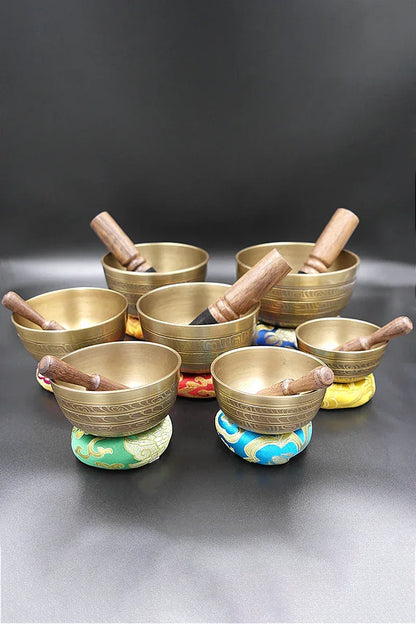 Seven Chakra etched Healing Tibetan Singing Bowl set 3.2"-5.2" - Vajracrafts