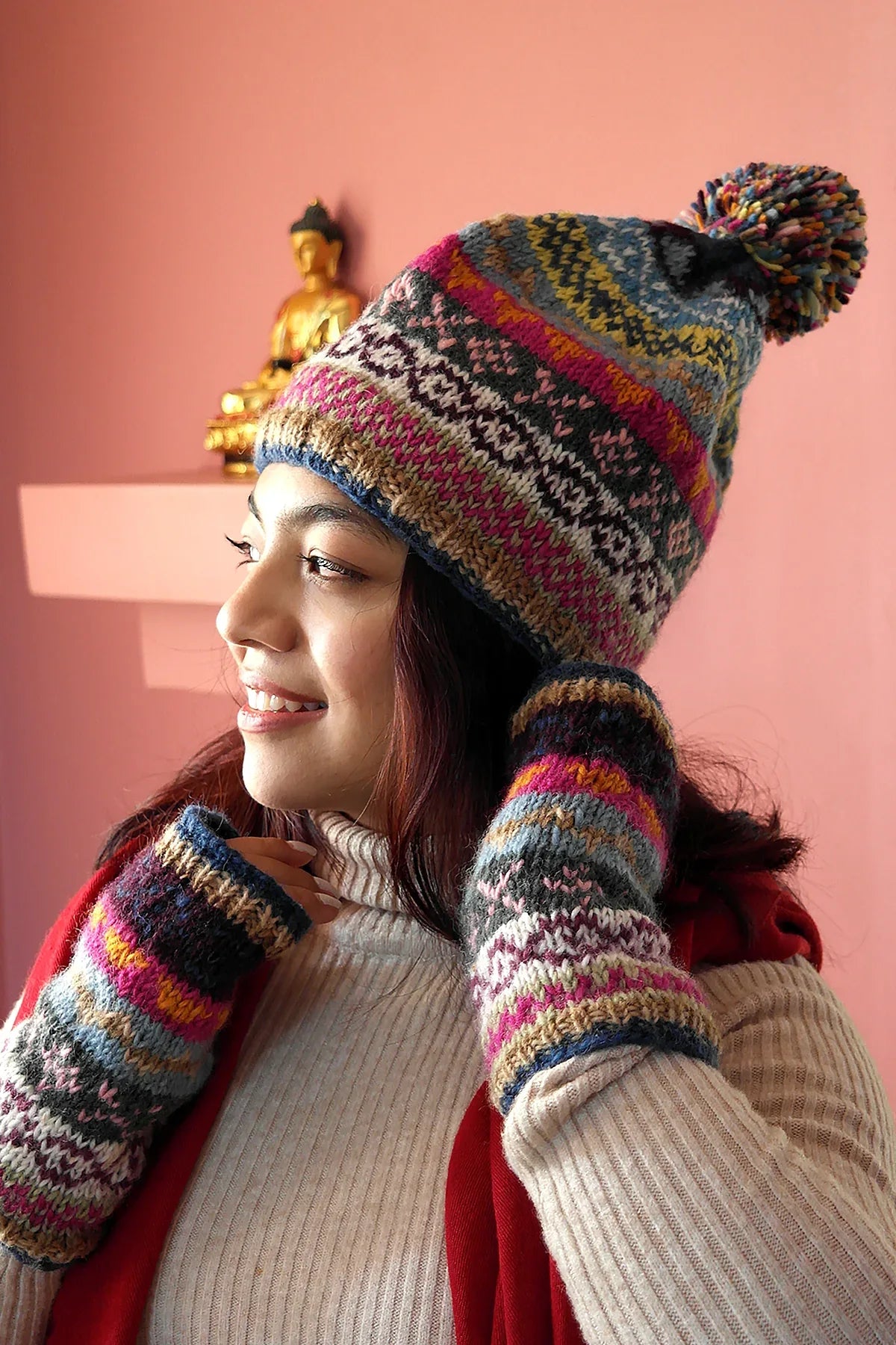 Blue Pink Womens Knit Winter Warm Pom Pom Beanie Hat - Vajracrafts