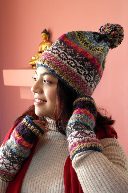 Blue Pink Womens Knit Winter Warm Pom Pom Beanie Hat - Vajracrafts