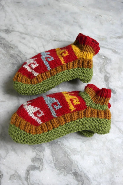 Red, Brown and Green colors Hot waves pattern woolen hand knitted ankle socks - Vajracrafts