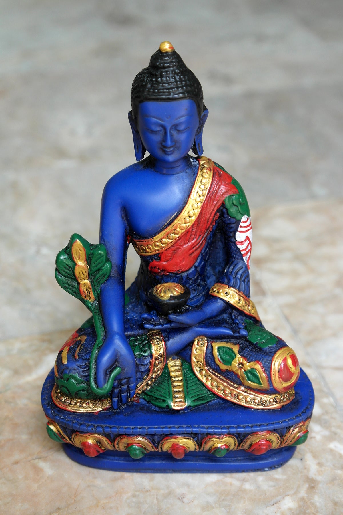 Color Painted Lapis tone Medicine Buddha Resin Statue with Dragon carved 6"