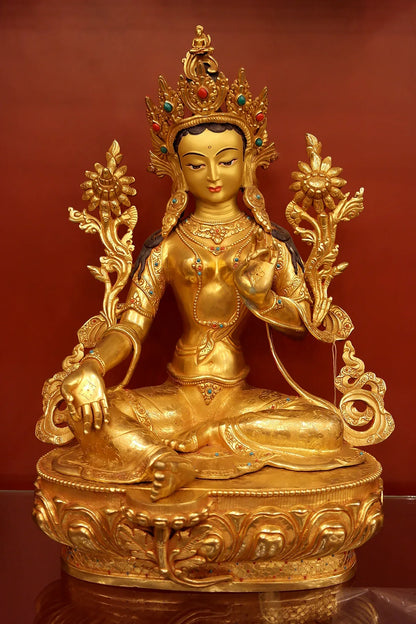 Fully Gold Plated Green Tara Statue from Boudha 16" - Vajracrafts