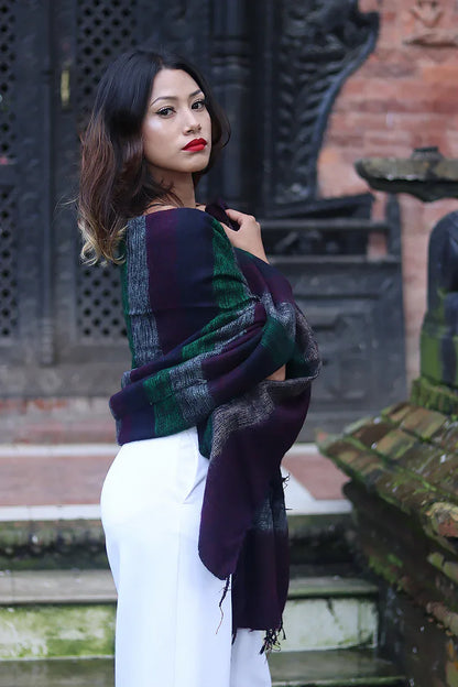 Handwoven Yak wool Shawl in Dark Brown, Green - Vajracrafts