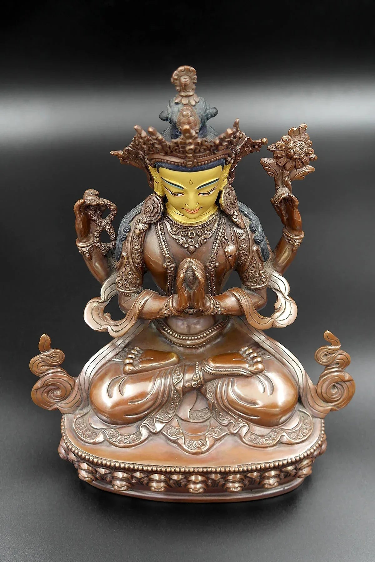 Copper Oxidized and Gold face painted Chenrezig Statue 8" - Vajracrafts