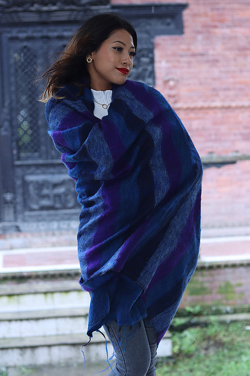 Deep Blue, Purple mixed Yak Wool Blanket, Oversized Scarf