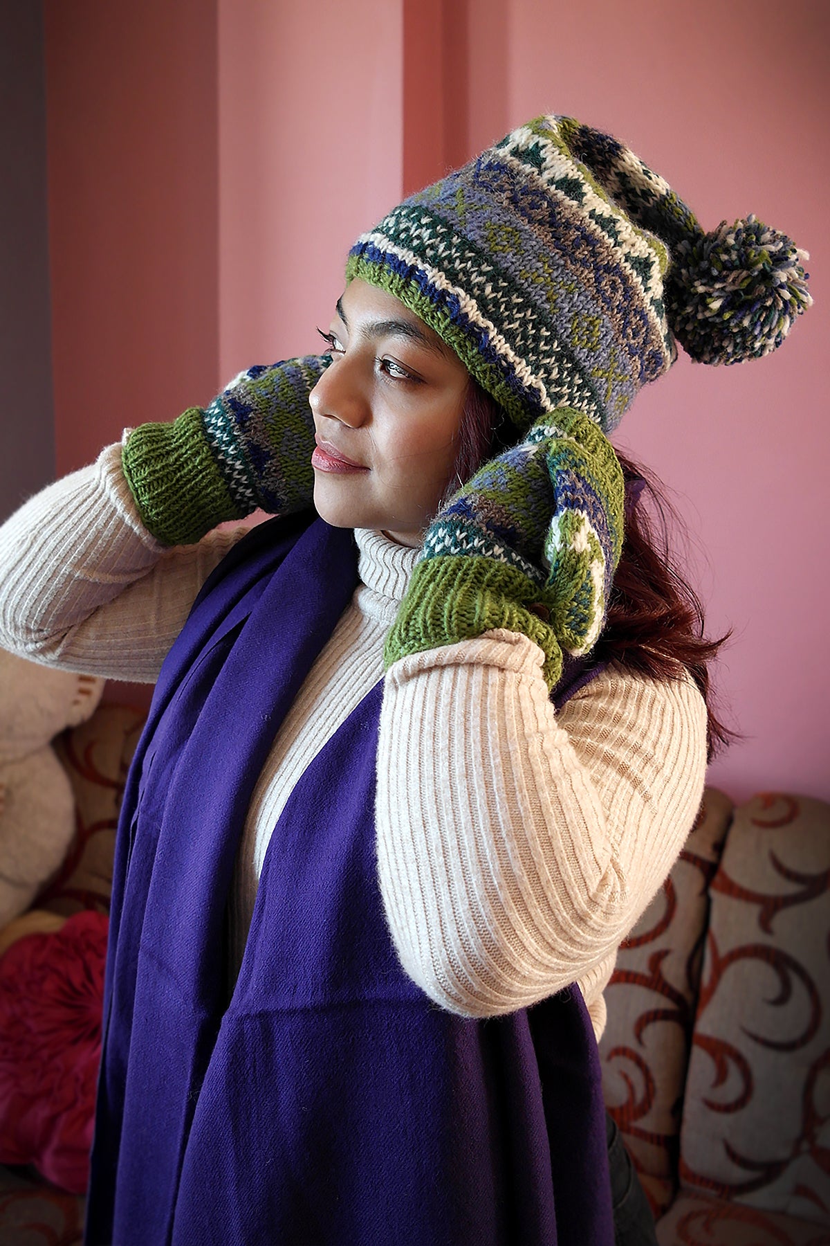 Womens Knit Winter Warm Pom Pom Beanie Hat Forest Green