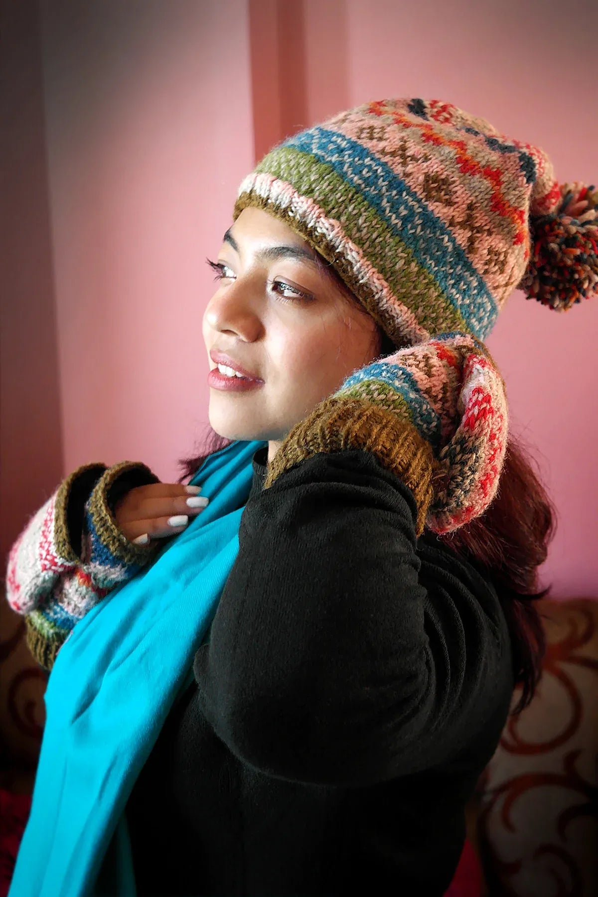 Womens Knit Winter Warm Pom Pom Beanie Hat Olive Green and Pink - Vajracrafts