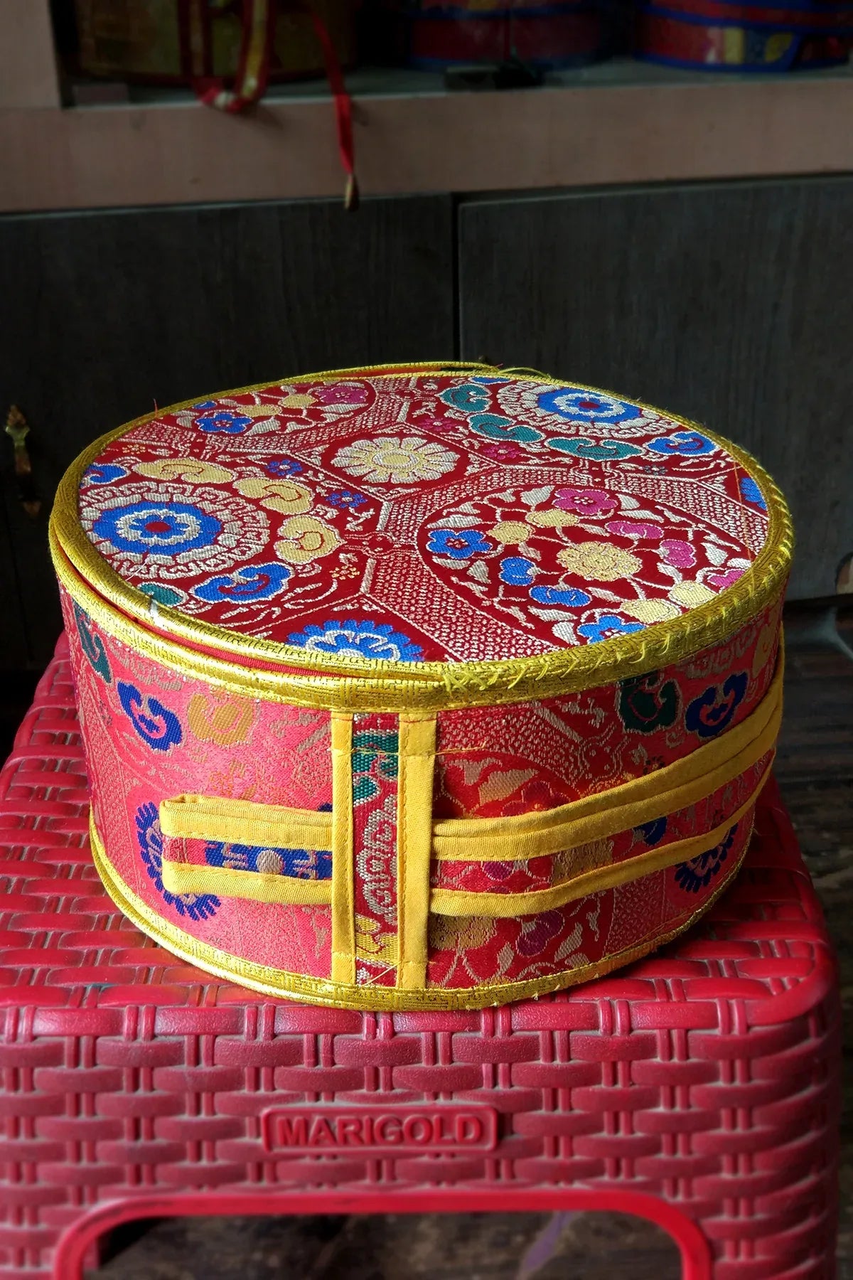 Tibetan Buddhist Handpainted Chod Drum/Damaru with red color cover - Vajracrafts