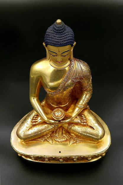 Floral Design carved Gold Plated Amitabh Buddha Statue from Nepal 9" - Vajracrafts
