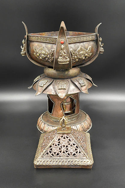 Lotus design with 8 Auspicious symbols copper incense burner - Vajracrafts