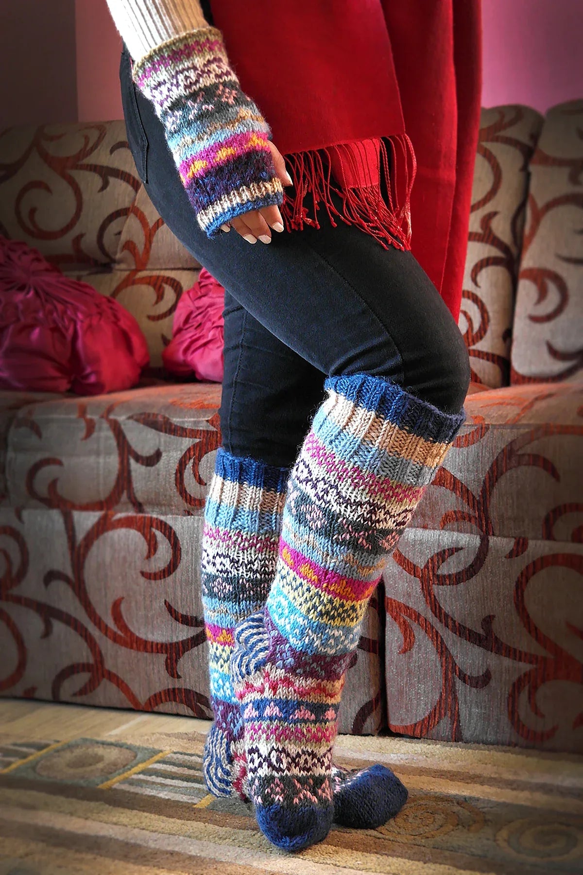 Blue Pink mixed color Woolen Knee High Socks - Vajracrafts
