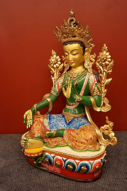Hand Painted Green Tara Statue from Boudha, 13" - Vajracrafts