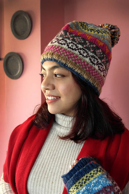 Blue Pink Womens Knit Winter Warm Pom Pom Beanie Hat - Vajracrafts