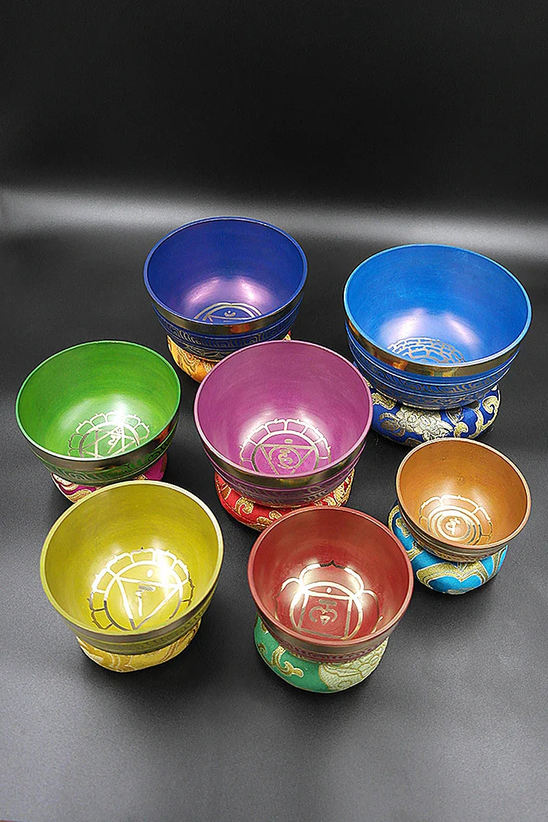 Sets of 7 Meditation Singing Bowls with seven chakra symbols 3"-5" - Vajracrafts