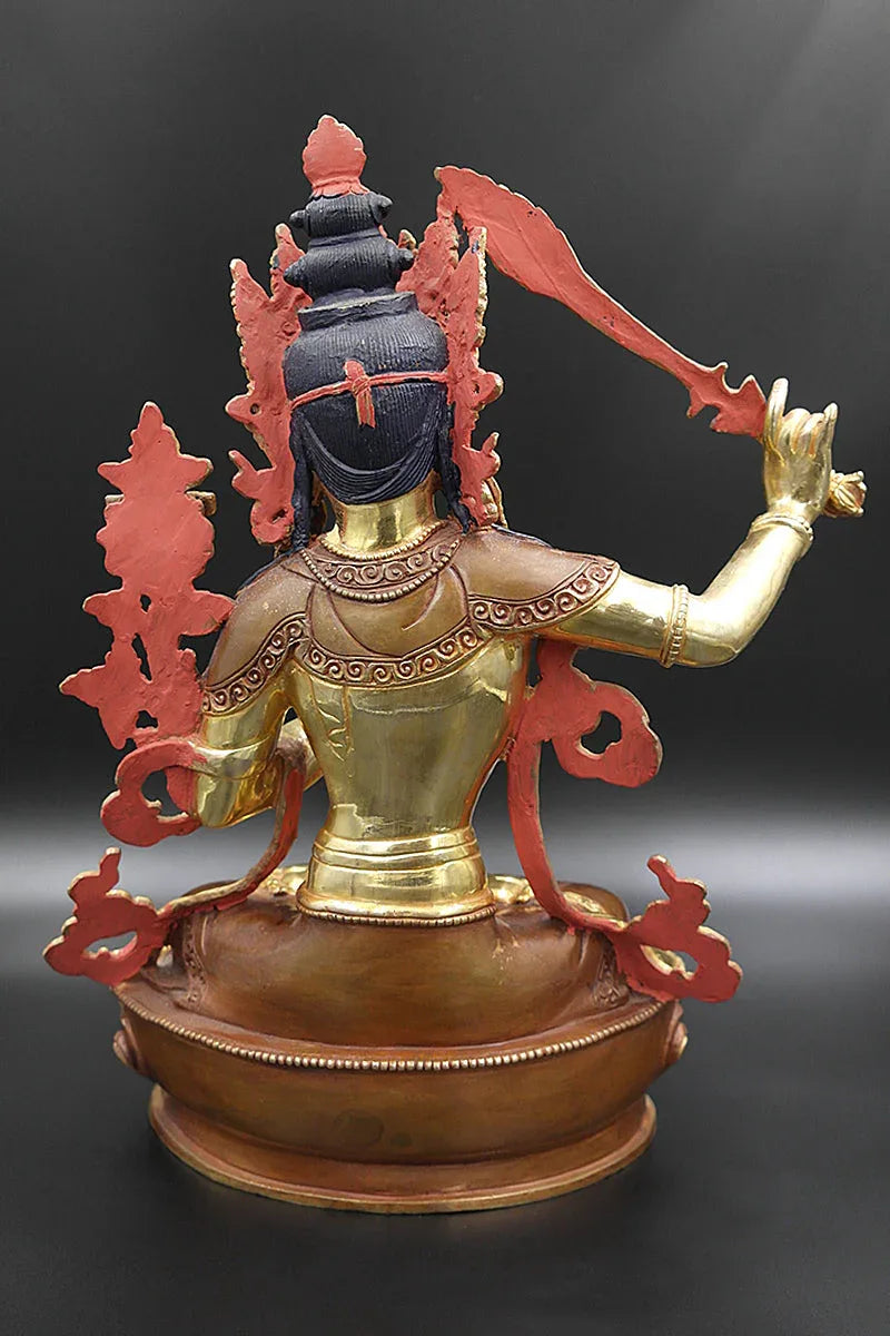 Gold Plated Manjushree Statue, Handmade in Nepal 13" - Vajracrafts