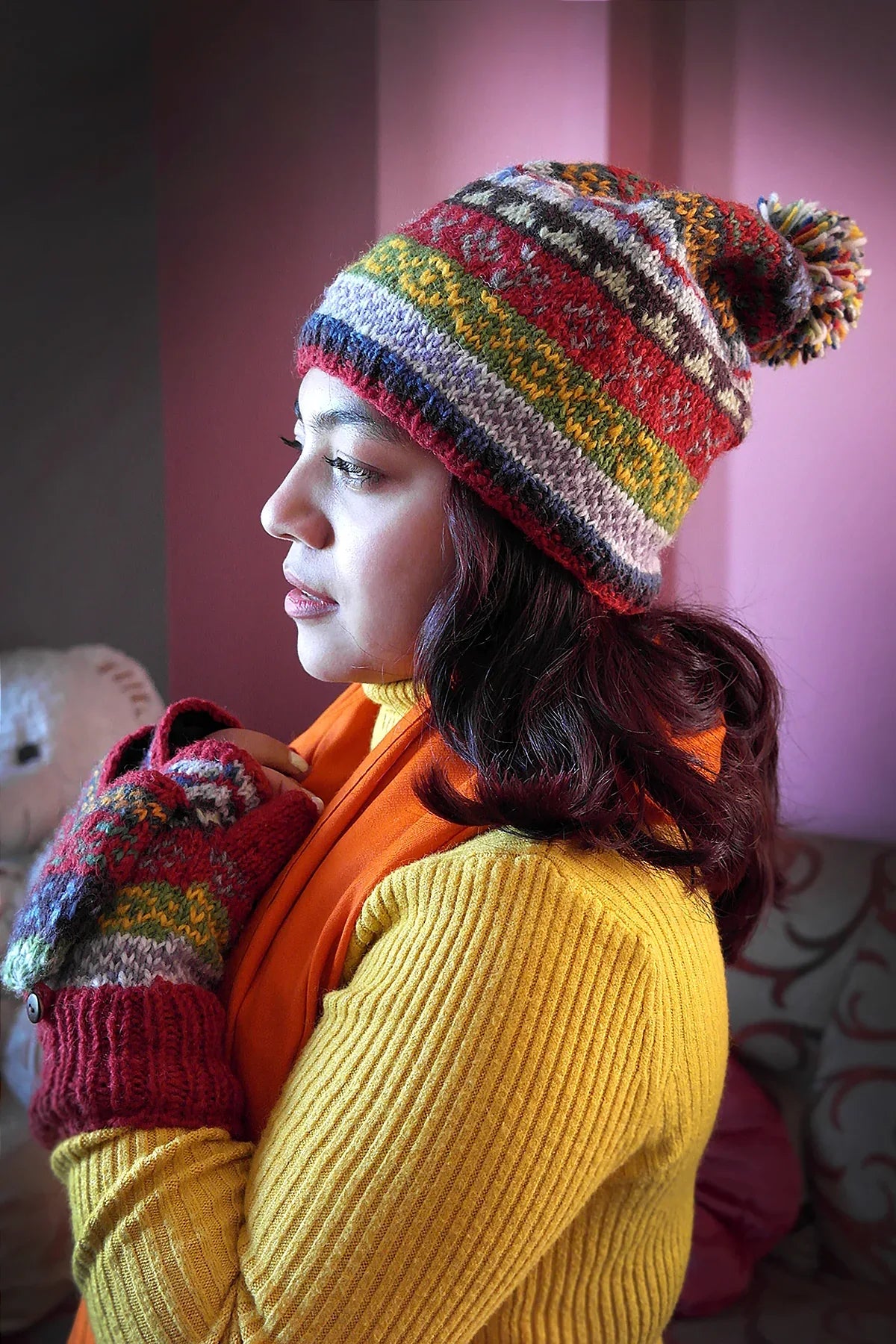 Womens Knit Winter Warm Pom Pom Beanie Hat Ren Green mixed - Vajracrafts