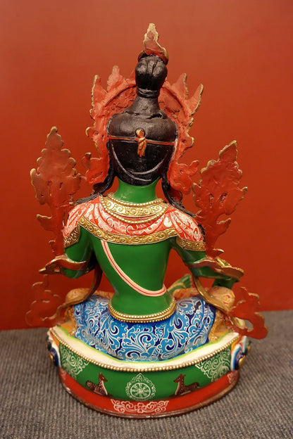 Hand Painted Green Tara Statue from Boudha, 13" - Vajracrafts