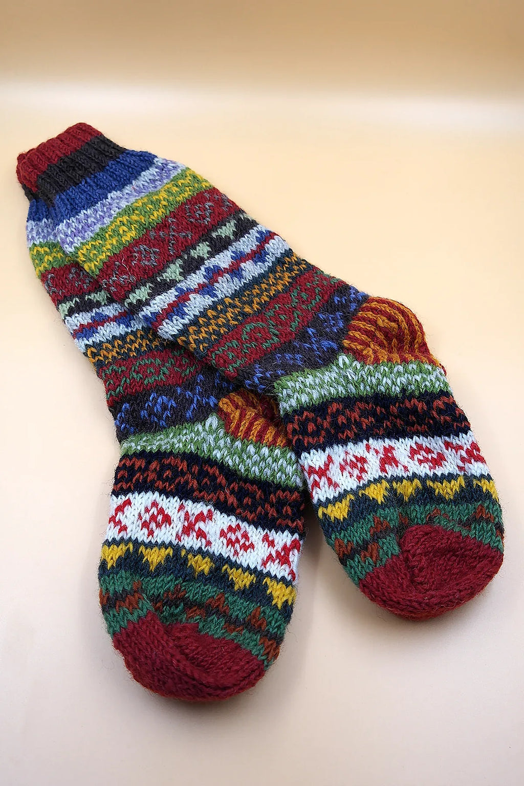 Maroon, blue, Green mixed color knitted Woolen Knee High Socks women - Vajracrafts