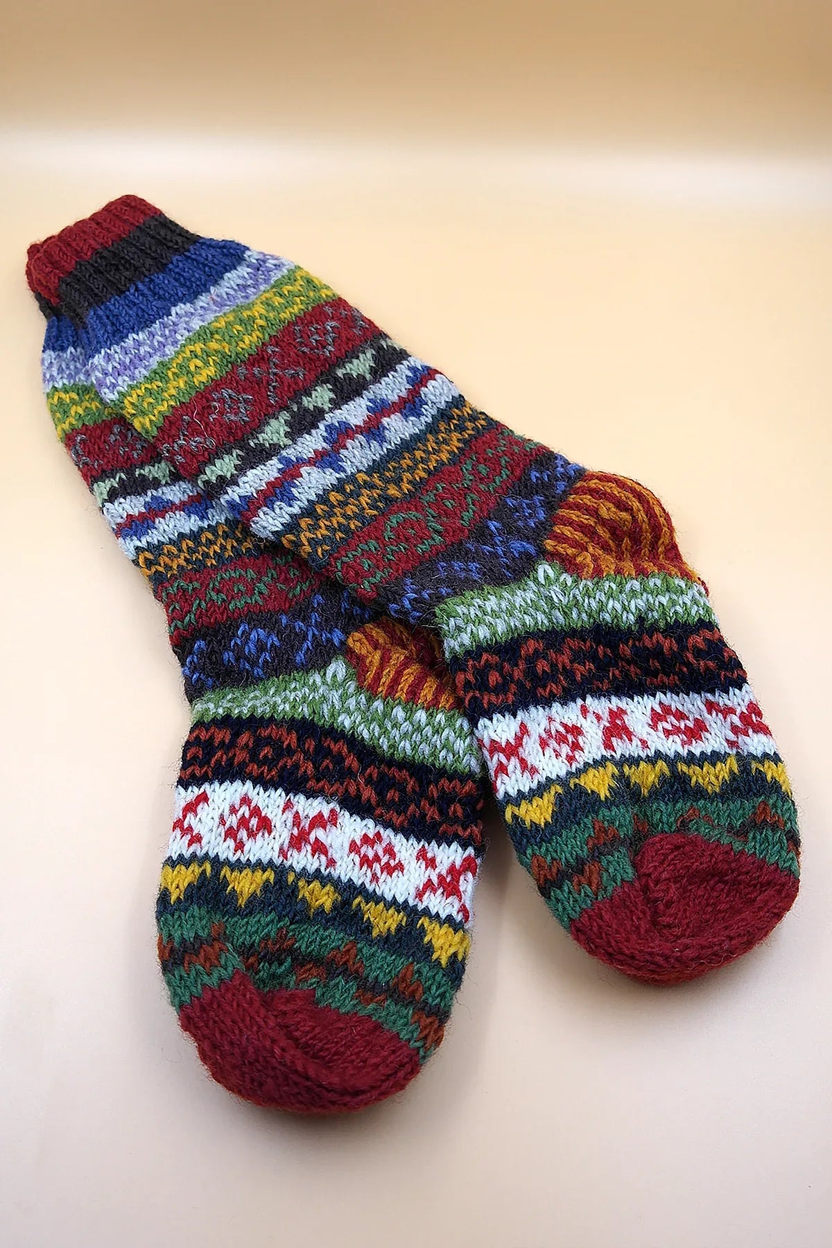 Maroon, blue, Green mixed color knitted Woolen Knee High Socks women - Vajracrafts