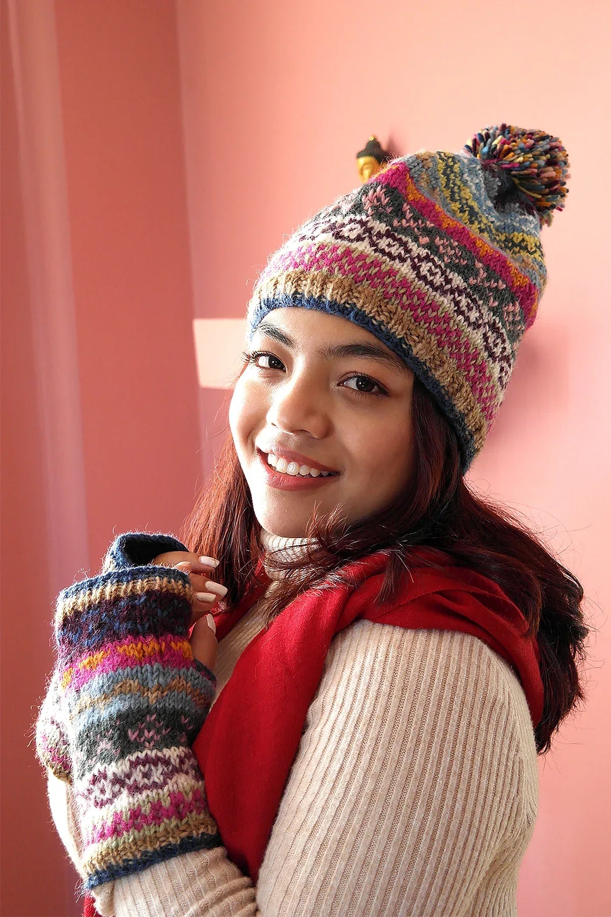 Blue Pink Womens Knit Winter Warm Pom Pom Beanie Hat - Vajracrafts