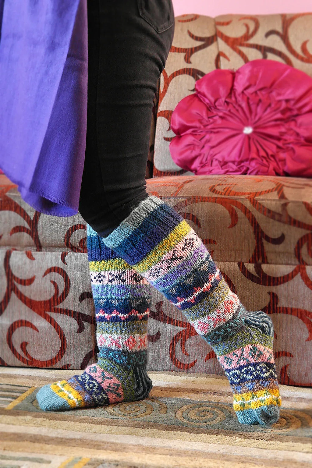 Blue Pink Yellow mixed color Woolen Knee High Socks - Vajracrafts