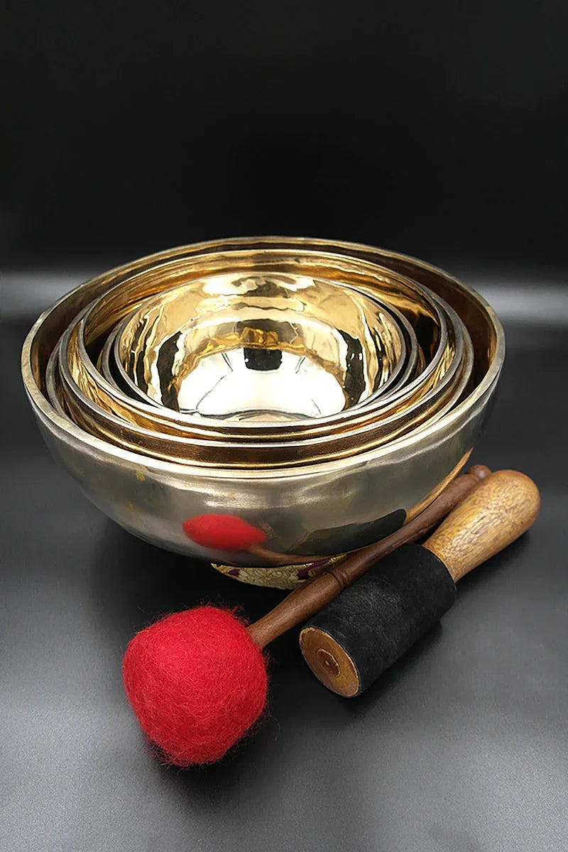 Set of seven Chakra singing bowls with ring cushion, mallet and drumstick 7"-11" - Vajracrafts