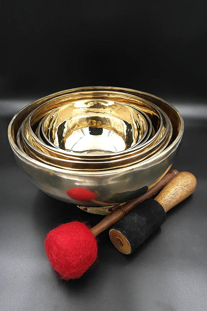 Set of seven Chakra singing bowls with ring cushion, mallet and drumstick 7"-11" - Vajracrafts