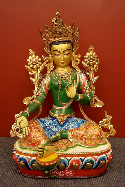 Hand Painted Green Tara Statue from Boudha, 13" - Vajracrafts
