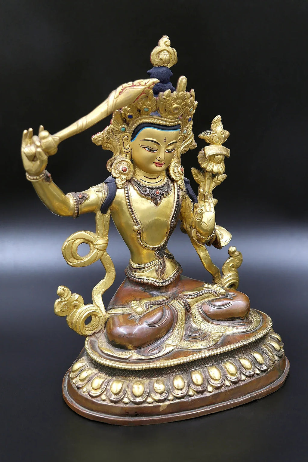 Partly Gold Plated Tibetan Buddhist Manjushree Statue from Nepal 9" - Vajracrafts