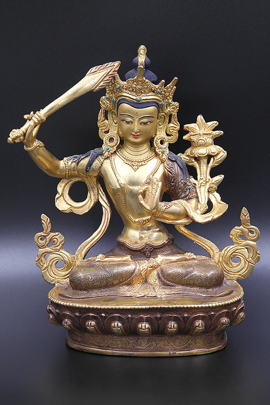 Partly Gold Plated Manjushree Statue from Nepal, 8"