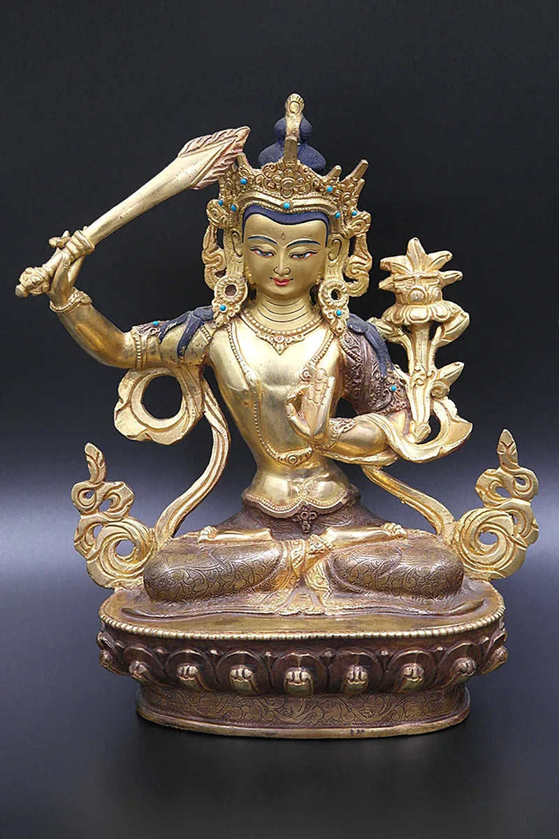 Partly Gold Plated Manjushree Statue from Nepal, 8" - Vajracrafts