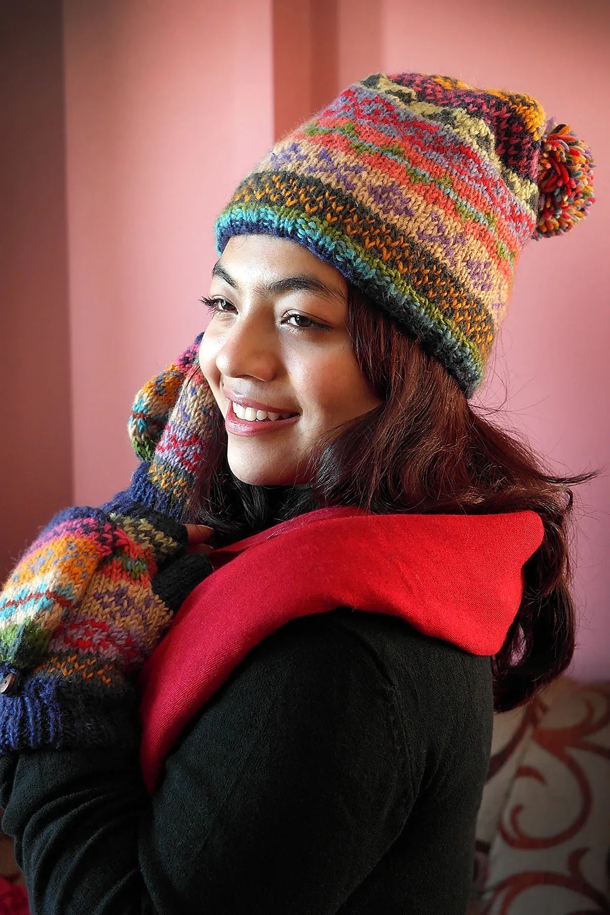 Womens Knit Winter Warm Pom Pom Beanie Hat Green blue and red - Vajracrafts