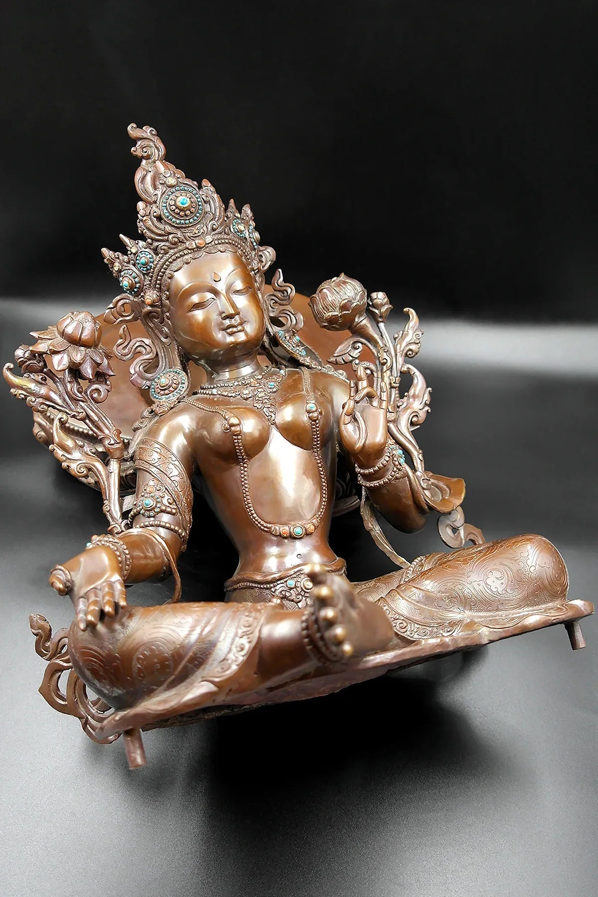 Copper Oxidized Green Tara Statue from Patan 20" - Vajracrafts