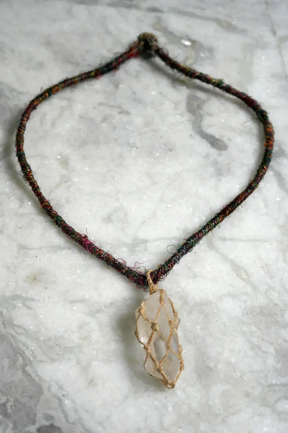 Clear Crystal Stone Pendant Necklace with Silk Cord - Vajracrafts
