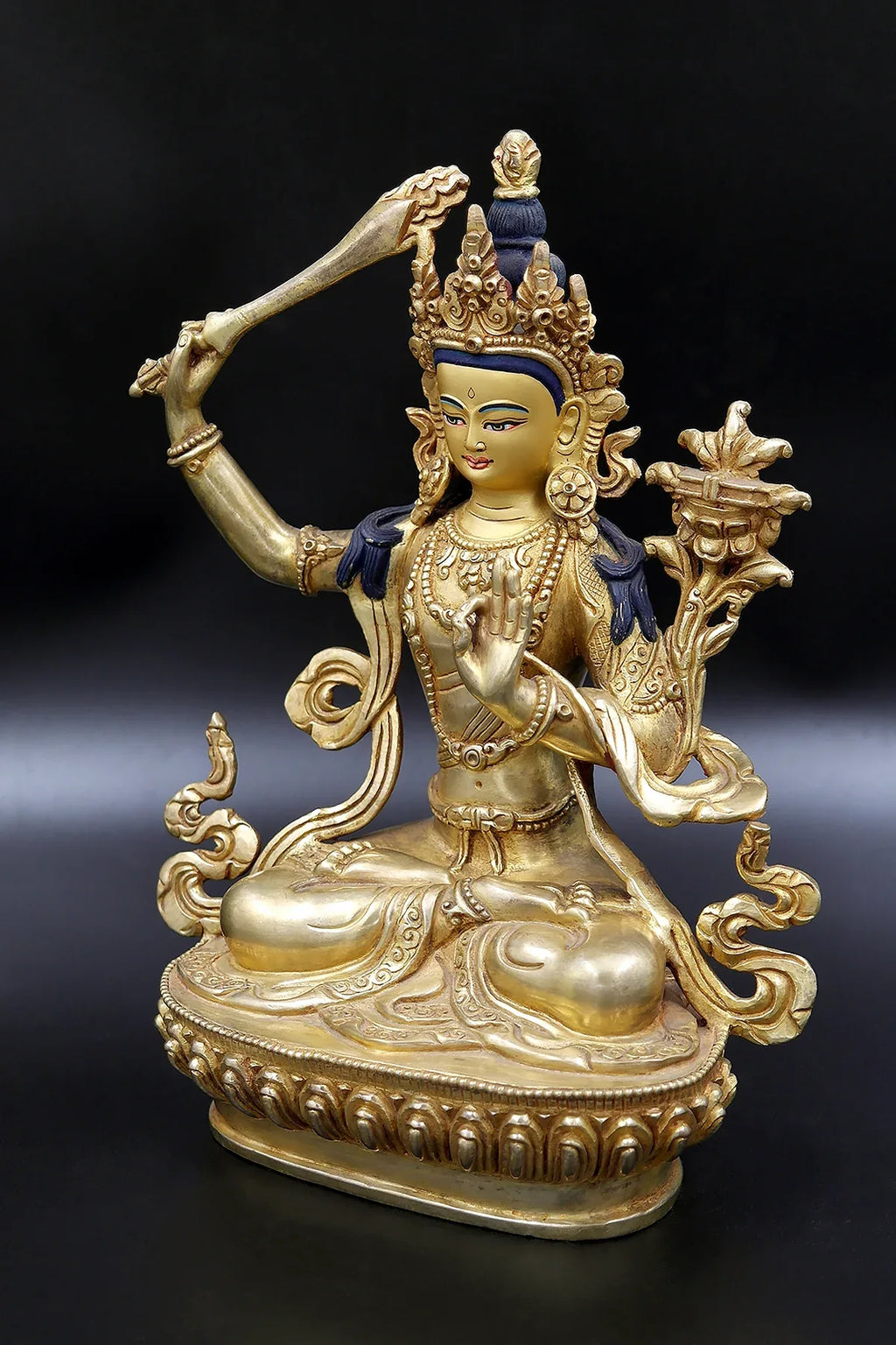 Gold Plated hand made Buddha Manjushree Statue from Nepal 9" - Vajracrafts