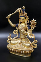 Gold Plated hand made Buddha Manjushree Statue from Nepal 9" - Vajracrafts