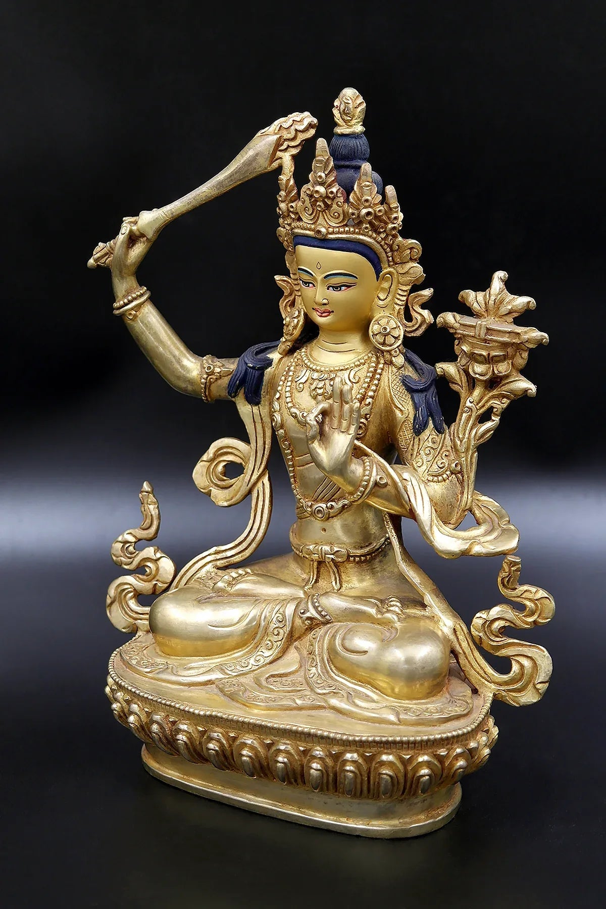 Gold Plated hand made Buddha Manjushree Statue from Nepal 9" - Vajracrafts