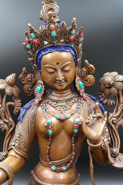 Jeweled Copper Green Tara Statue Top Quality, 15" - Vajracrafts