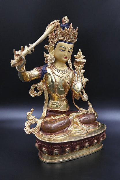 Gold Plated Manjushree Statue, Handmade in Nepal 13" - Vajracrafts