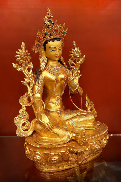 Fully Gold Plated Green Tara Statue from Boudha 16" - Vajracrafts