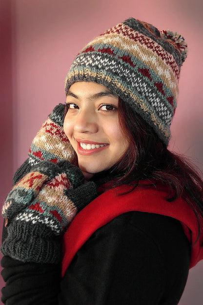 Grey maroon mixed colored woolen gloves/mittens - Vajracrafts